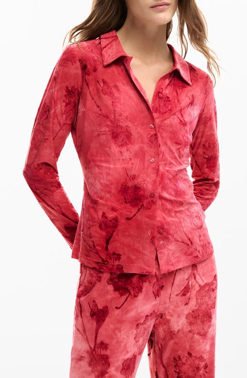 Washed Floral Button-Up Top