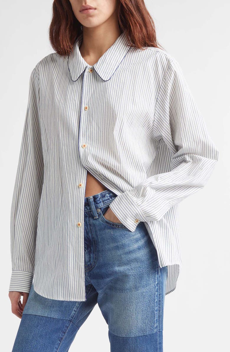 KURO Quiet Stripe Piped Cotton Button-Up Shirt, Main, color, White
