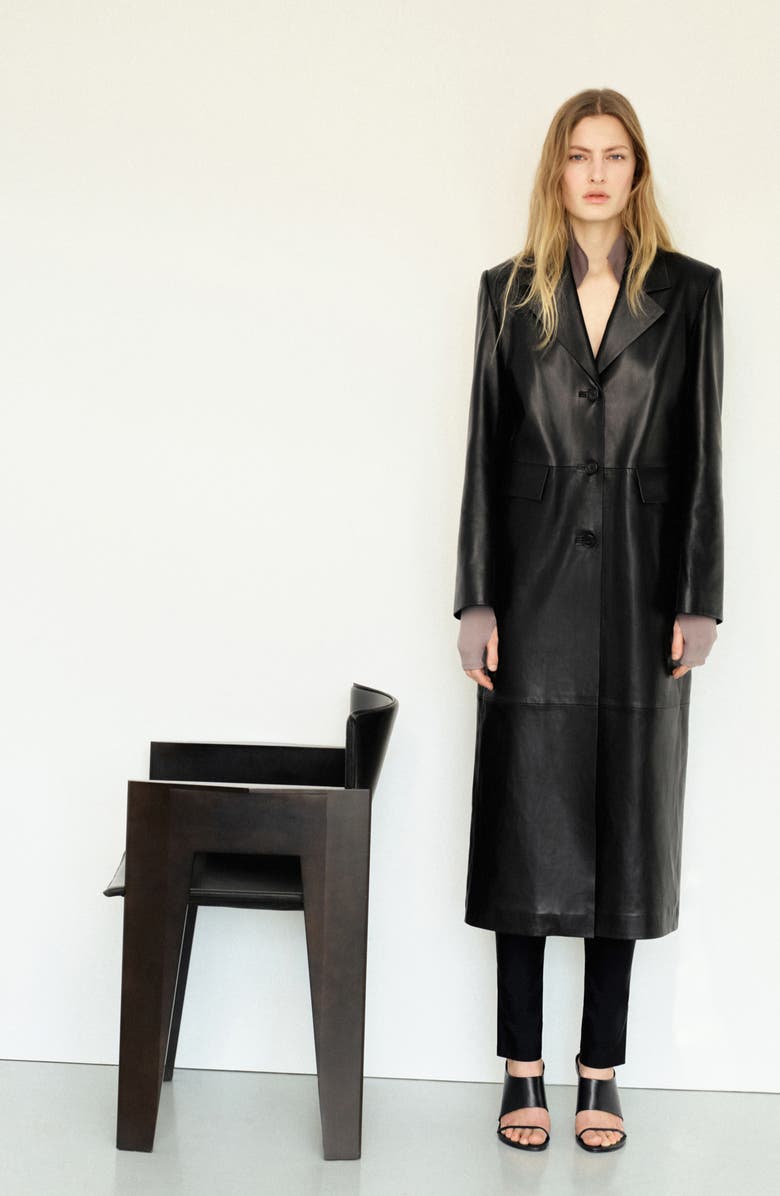 MANGO Long Leather Coat, Alternate, color, Black