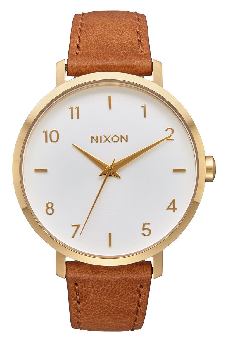 The Arrow Leather Strap Watch, 38mm, Main, color, GOLD / WHITE / SADDLE