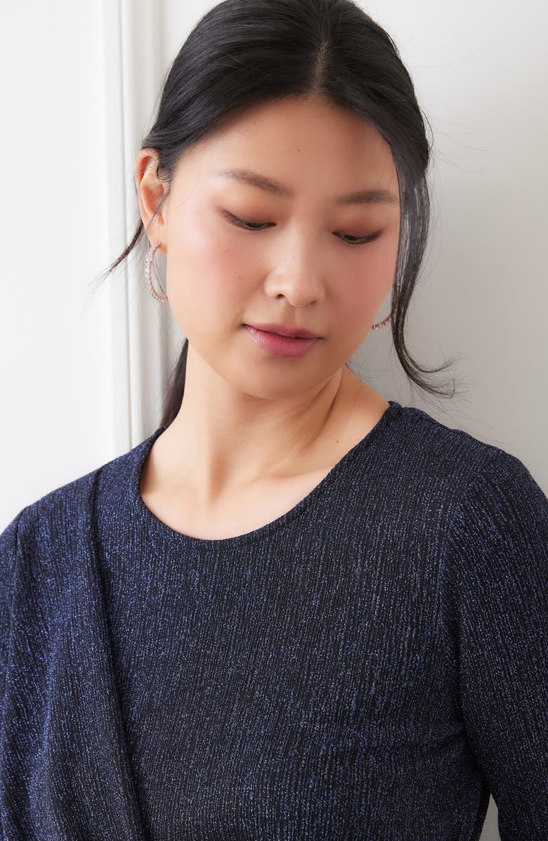 Karen Kane Metallic Knit Side Drape Long Sleeve Top, Alternate, color, Navy