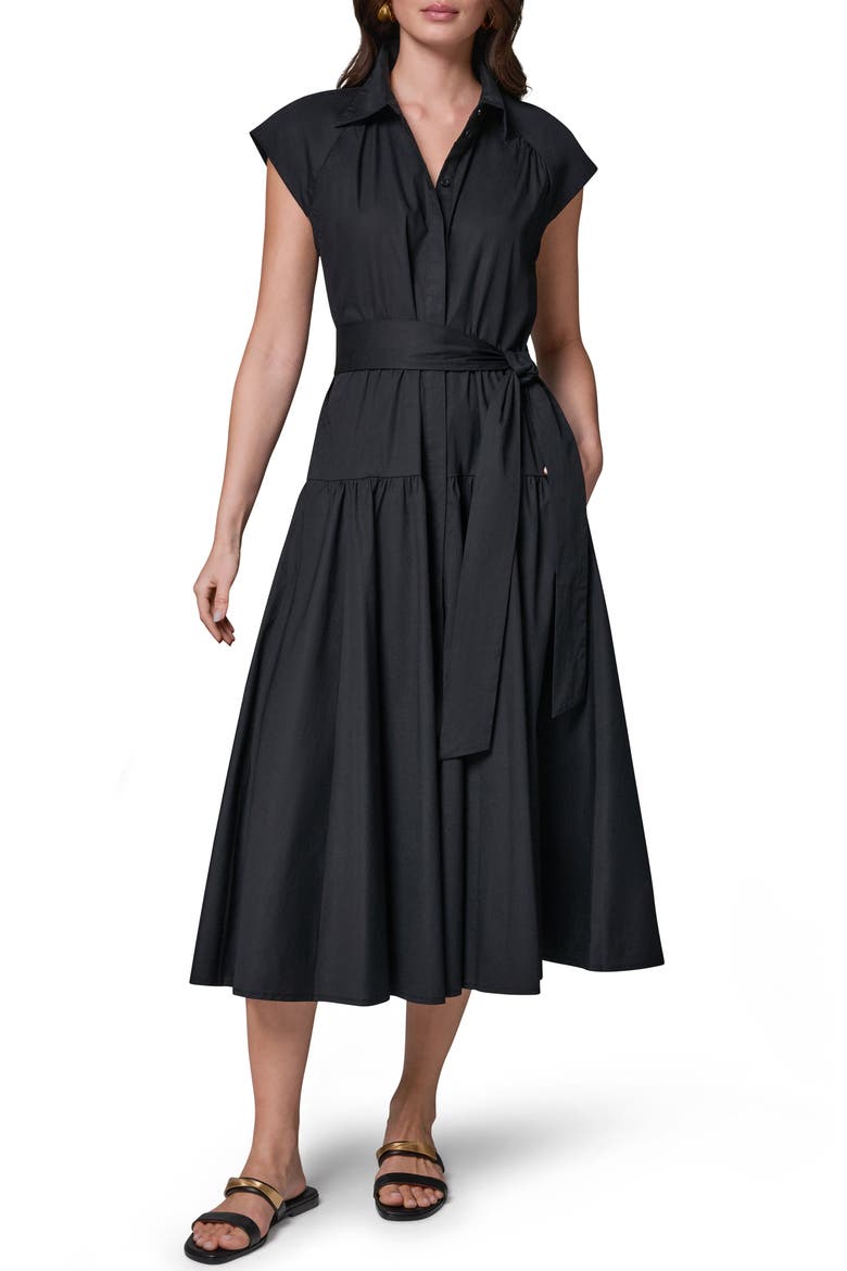 Tie Waist Stretch Poplin Midi Dress, Main, color, BLACK