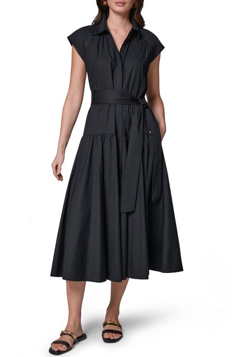 Tie Waist Stretch Poplin Midi Dress