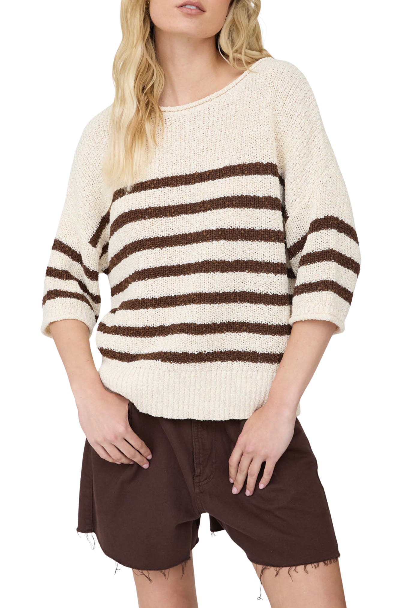 Blu Pepper Striped Short Sleeve Sweater In Chocolate Brown
