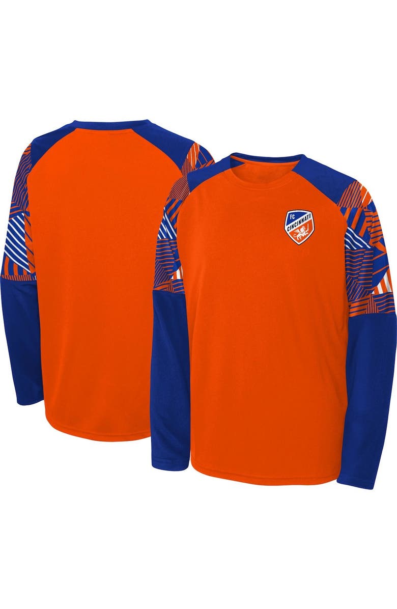 Outerstuff Youth Orange/Blue FC Cincinnati Gridiron Raglan Long Sleeve T-Shirt, Main, color,