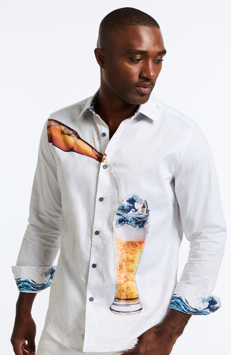 Robert Graham Shark Brew Cotton Graphic Button-Up Shirt, Alternate, color, White