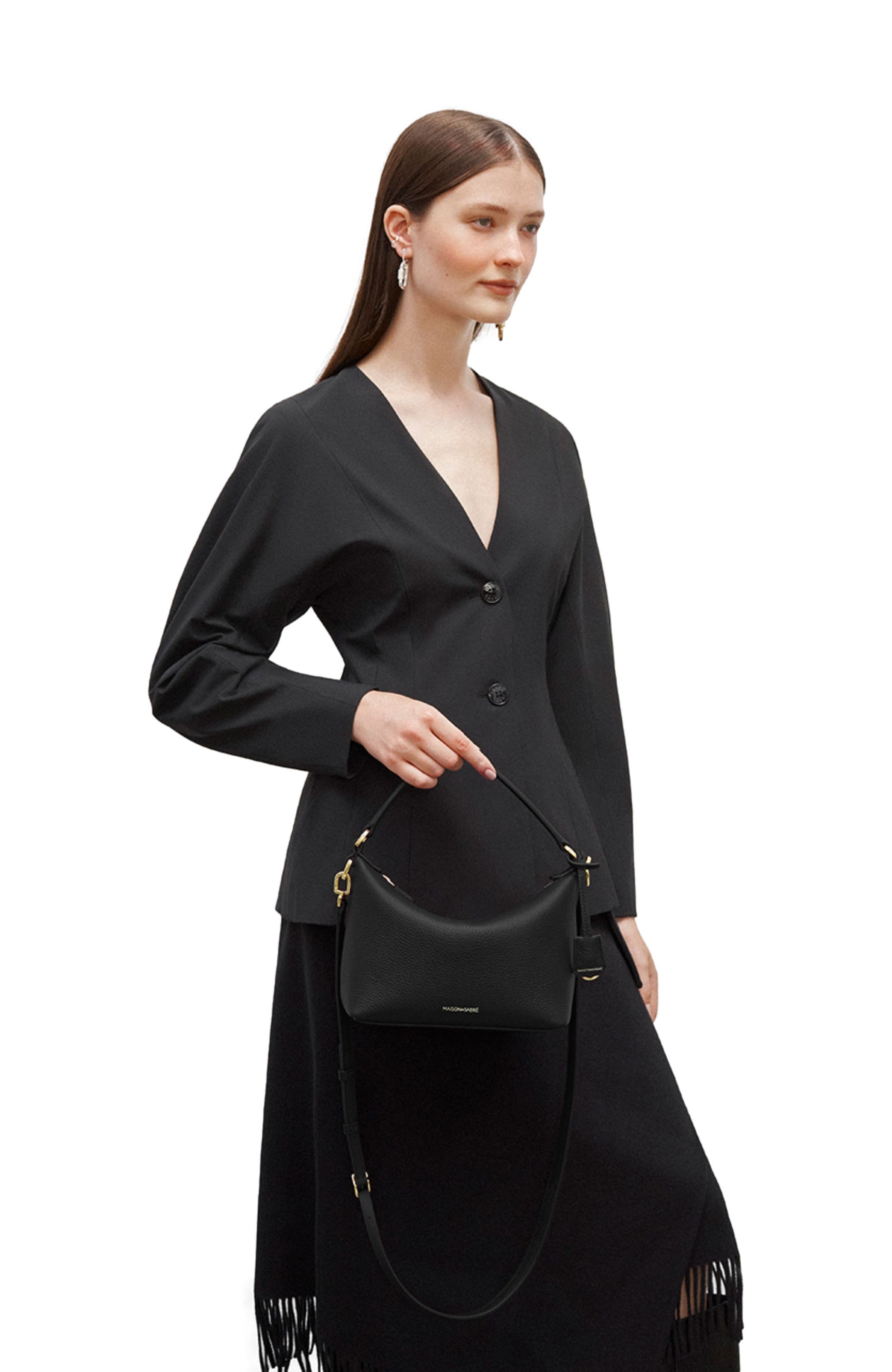 MAISON de SABRÉ Small Leather Soft Hobo, Alternate, color, Black Caviar