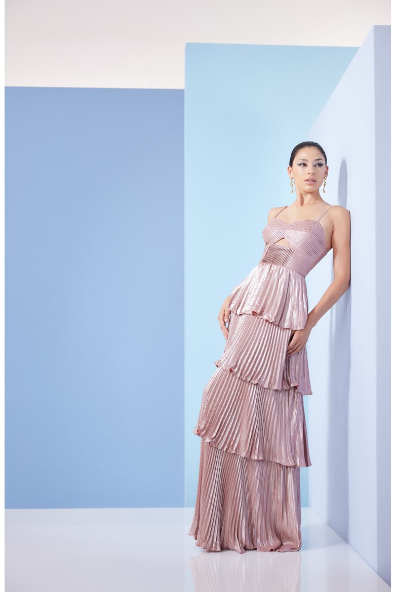 Zahrah Tiered Pleated Satin Evening Gown, Alternate, color, ROSE