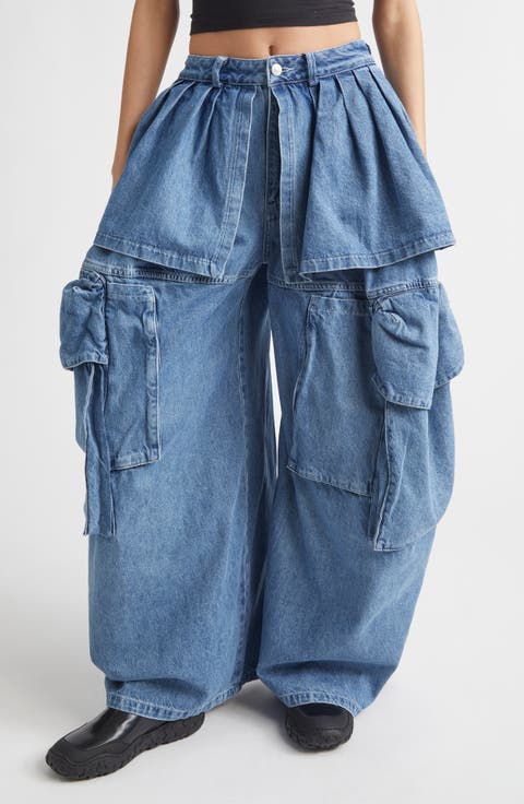 Hazel Skirt Panel Oversize Denim Cargo Pants