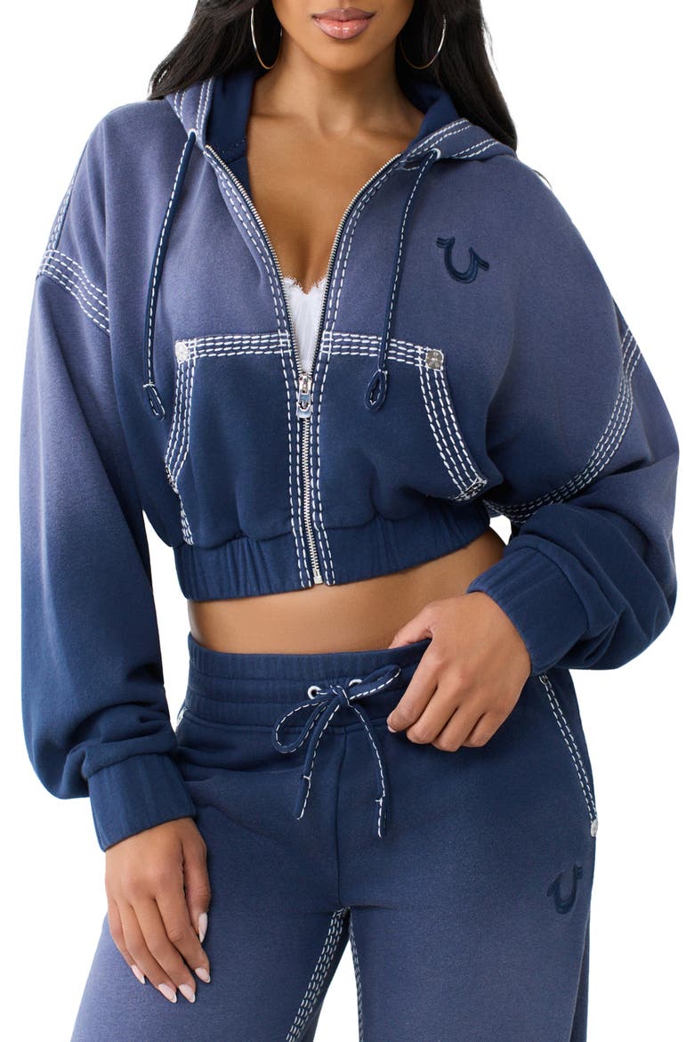 Super T Relaxed Full Zip Hoodie, Main, color, MED INDIGO WASH WITH DRY PRCSS
