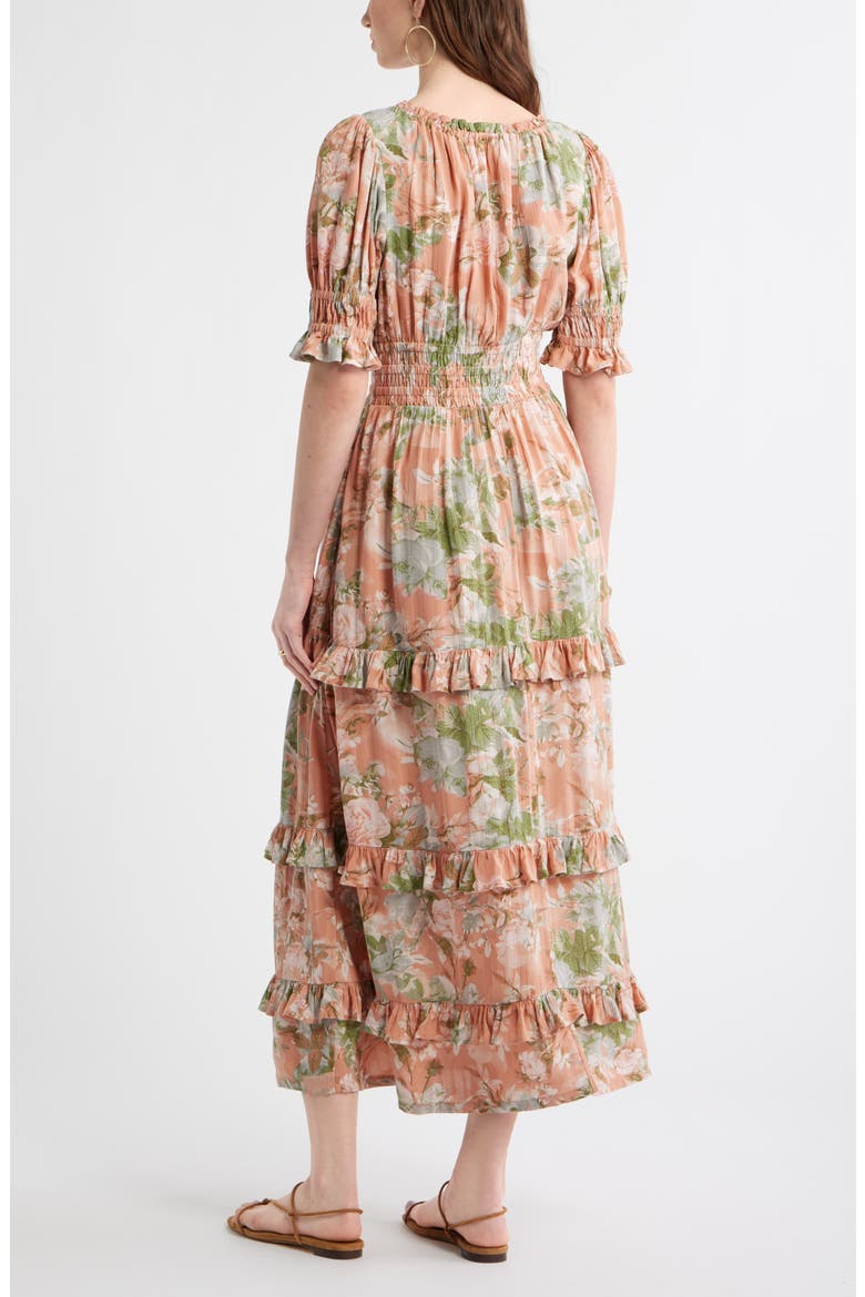 Smock Waist Ruffle Trim Tiered Maxi Dress, Alternate, color, CORAL- BLUE ROSE BLOOM