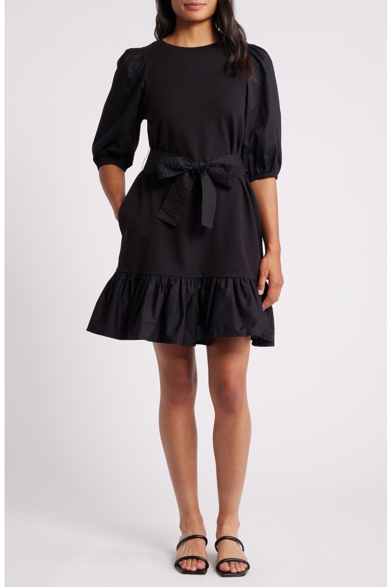 Mixed Media Sweatshirt Dress, Main, color, BLACK