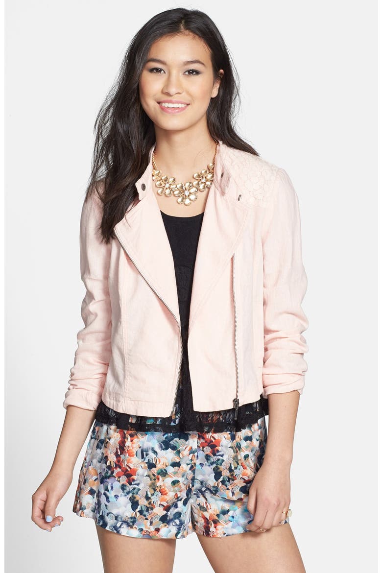 Crochet Yoke Moto Jacket, Main, color, SOFT PINK