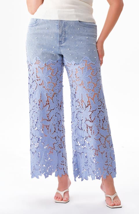 Crystal Embellished Lace Wide Leg Jeans