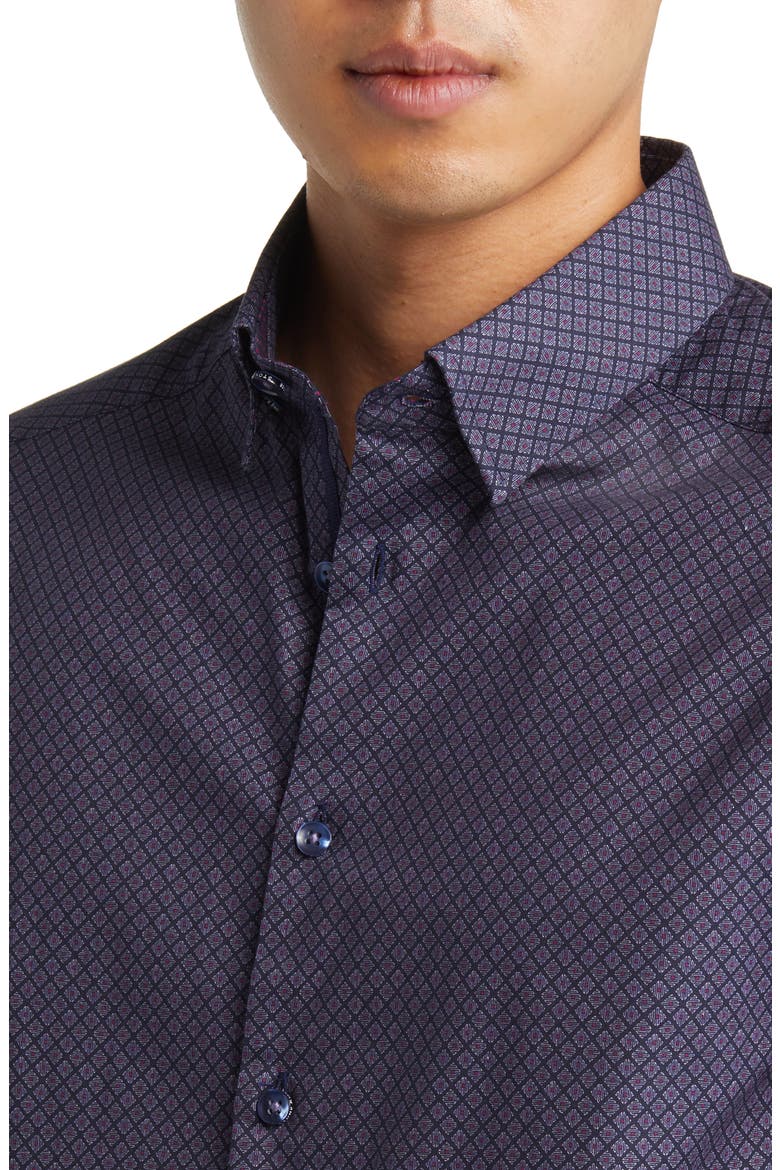 Geometric Print Stretch Button-Up Shirt, Alternate, color, NAVY