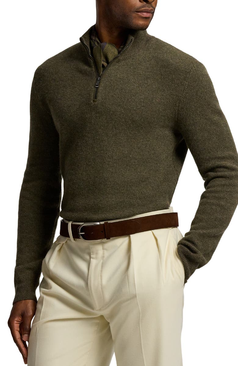 Ralph Lauren Purple Label Bird's Eye Cashmere Half Zip Sweater, Alternate, color, Olive Multi
