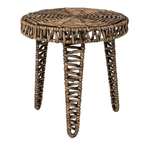 Amara Bohemian Handwoven Water Hyacinth Round End Table, Wicker Tripod Accent Side Table for Living Room or Bedroom