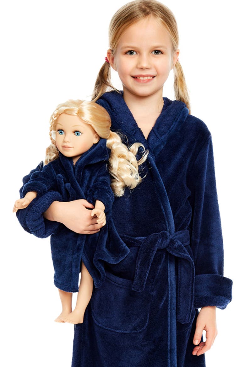 Girls Fleece Hooded Robe with Matching Doll Robe, Alternate, color, Navy