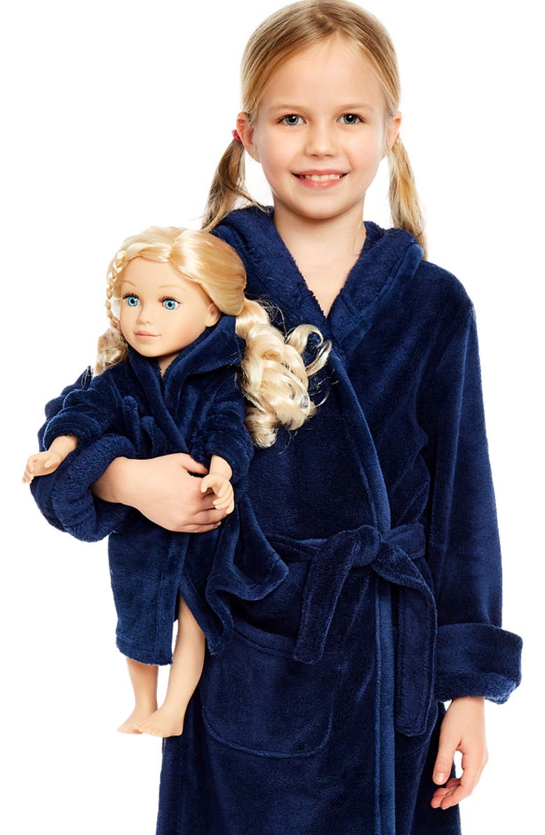 Leveret Girls Fleece Hooded Robe with Matching Doll Robe, Alternate, color, Navy