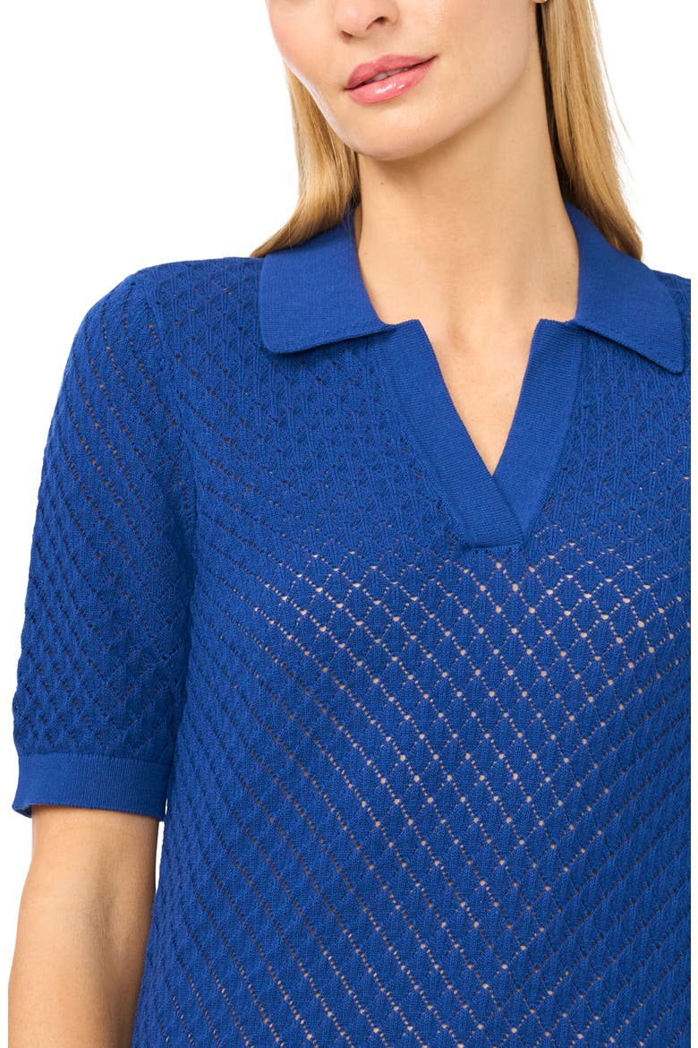 Pointelle Short Sleeve Cotton Polo Sweater, Alternate, color, OCEAN WAVES