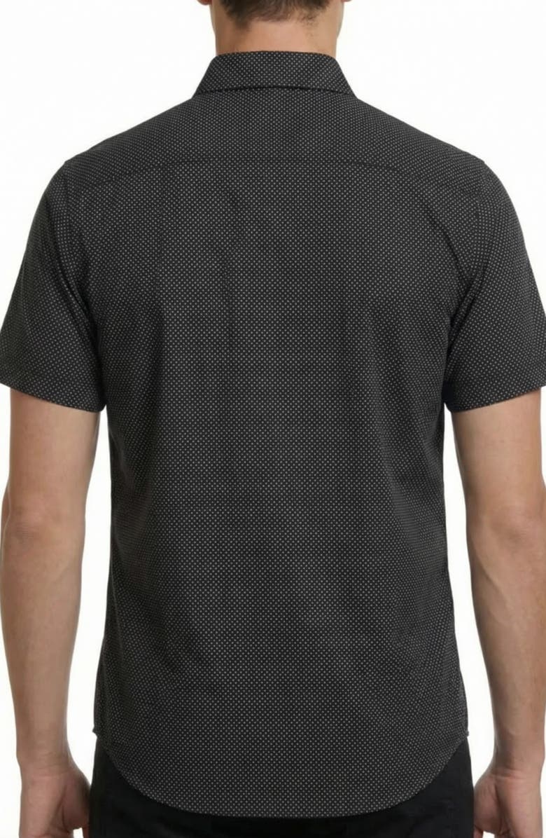 Report Collection Geo Print Short Sleeve Stretch Button-Up Shirt, Alternate, color, Black