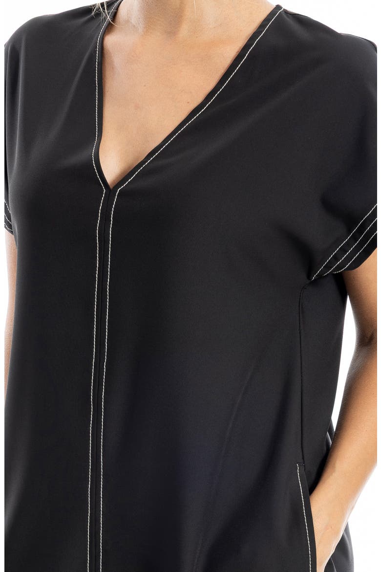 V-Neck Contrast Stitch Dress, Alternate, color, BLACK