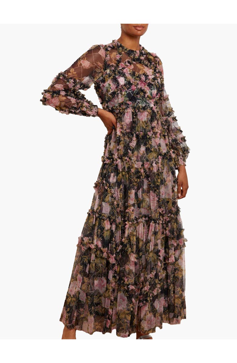 Needle & Thread English Rose Diamond Ruffle Gown, Main, color, Graphite