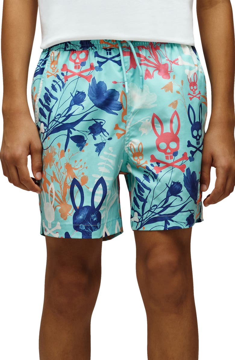 Psycho Bunny Kids' Santino Print Swim Trunks, Alternate, color, Aqua Haze