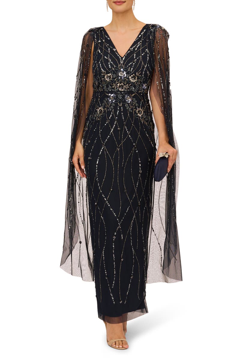 Adrianna Papell Beaded Sequin Long Sleeve Cape Overlay Column Gown, Main, color,