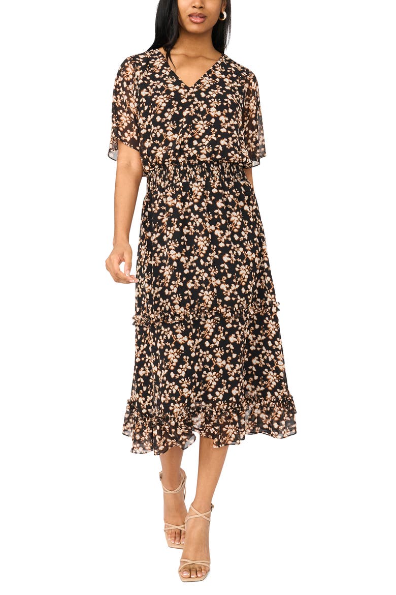 V-Neck Smocked Waist Midi Dress, Main, color, RICH BLACK