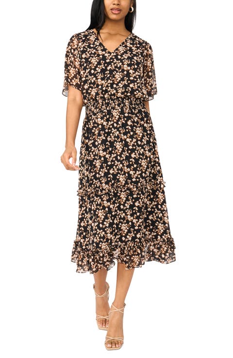 V-Neck Smocked Waist Midi Dress