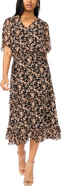 MSK V-Neck Smocked Waist Midi Dress