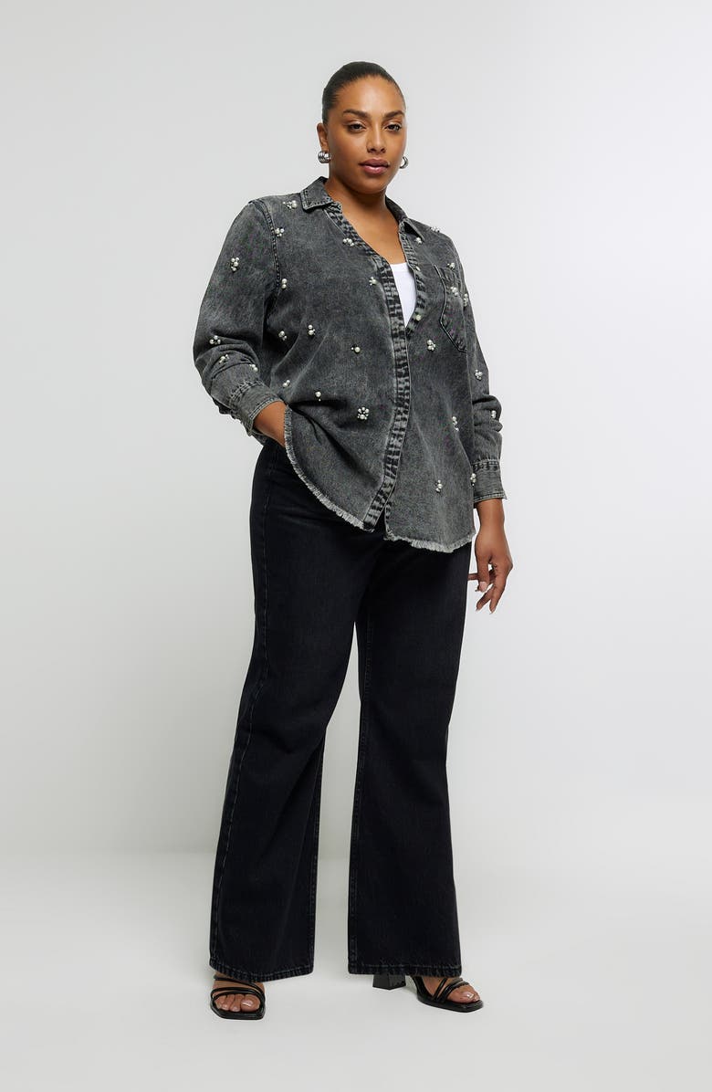 River Island Faux Pearl Embellished Denim Button-Up Shirt, Alternate, color,