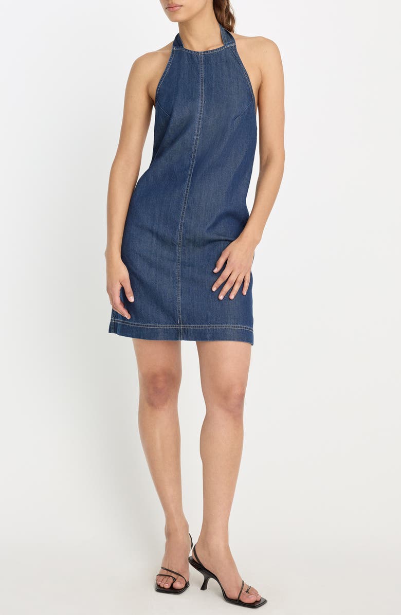 Good American Halter Neck Denim Shift Minidress, Main, color, Indigo1187