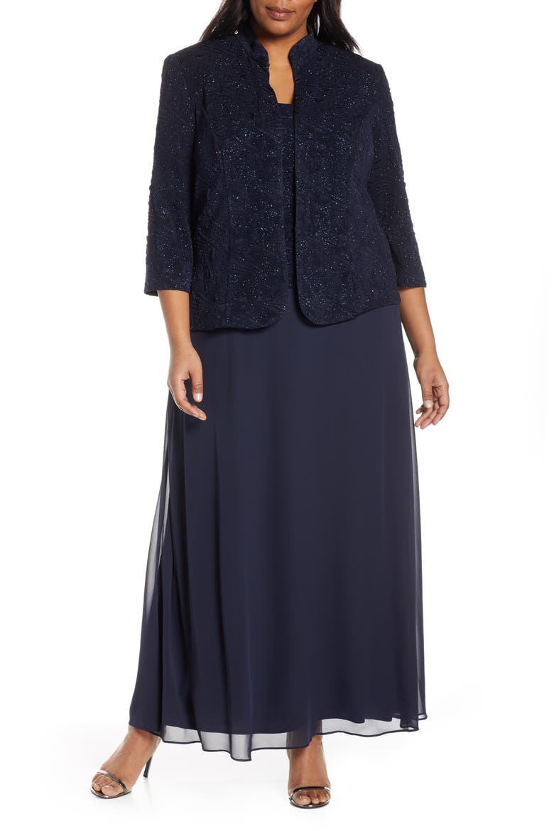 Mock Two-Piece Gown with Jacket, Main, color, NAVY