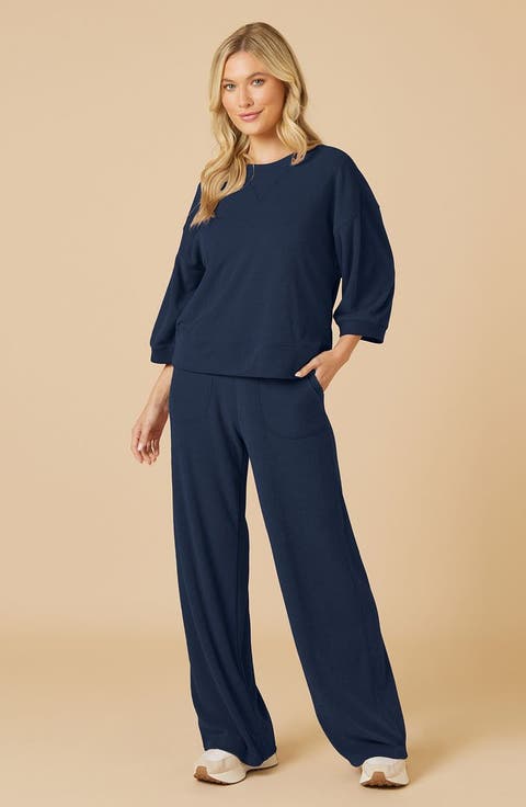 Terry Cropped Sleeve Crew Neck with Wide Leg Pant