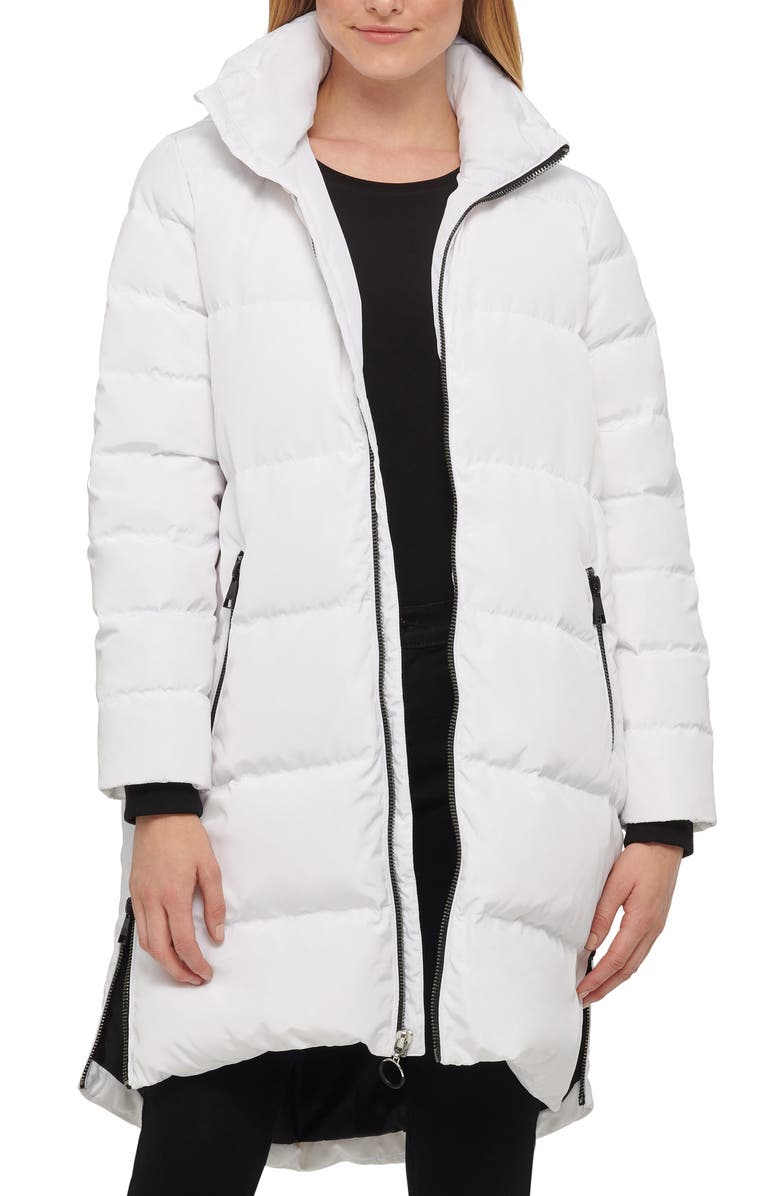 KARL LAGERFELD PARIS Wide Channel Down & Feather Puffer Coat with Removable Hood, Main, color,