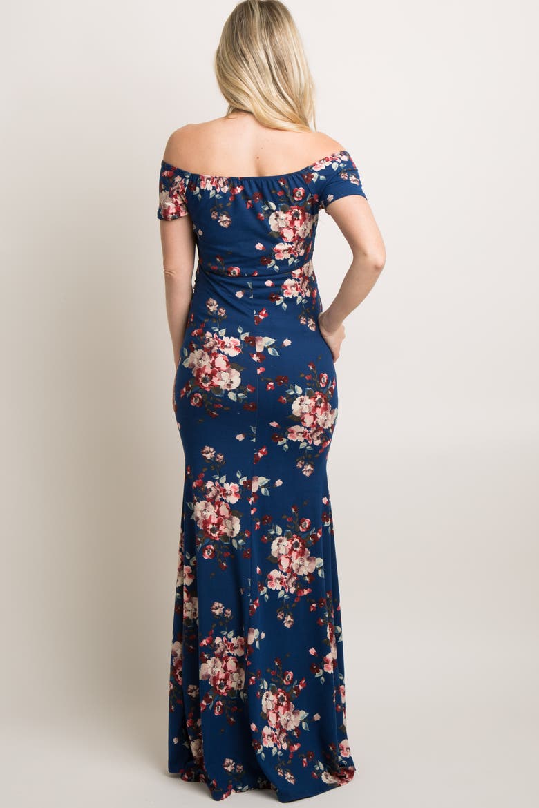 Floral Off Shoulder Wrap Maternity Photoshoot Gown/Dress, Alternate, color, Navy Blue
