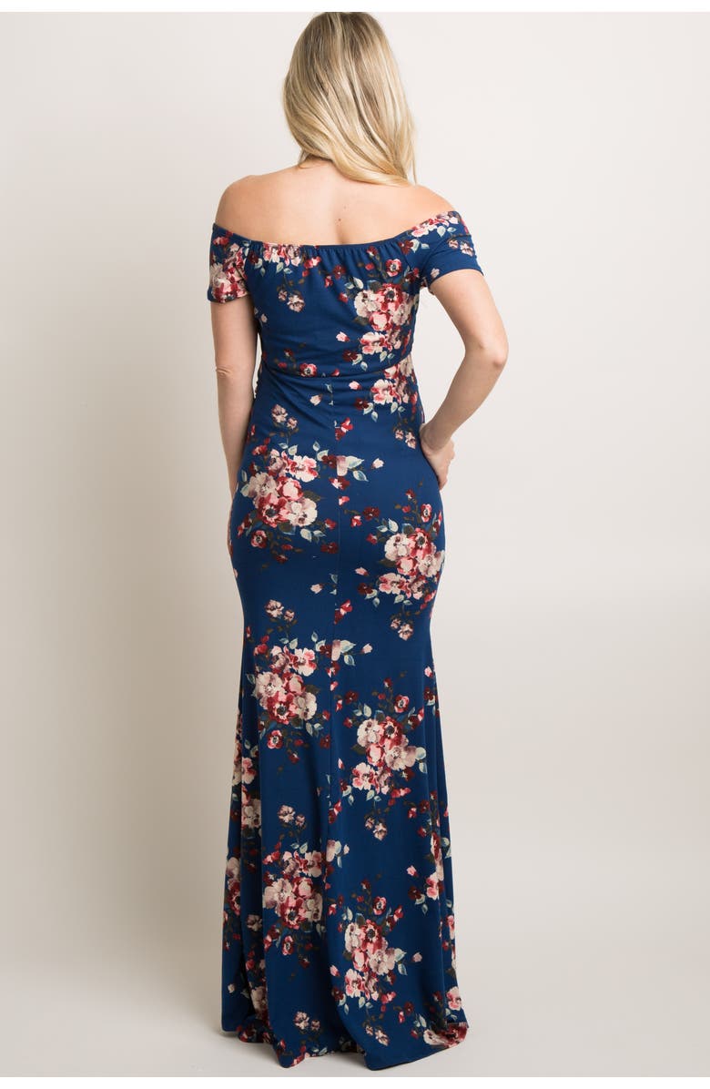 PinkBlush Floral Off Shoulder Wrap Maternity Photoshoot Gown/Dress, Alternate, color, Navy Blue