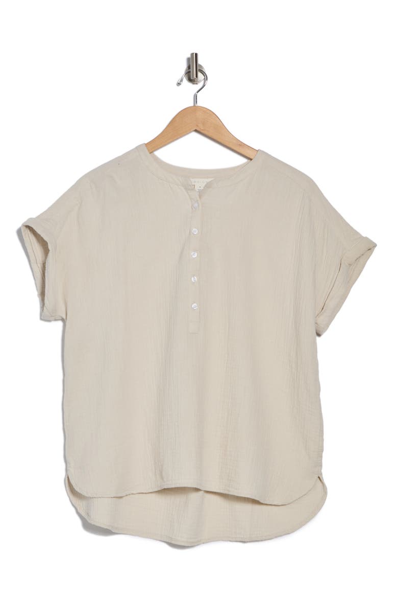 Cotton Gauze Henley Top, Alternate, color, BEIGE RAINY DAY