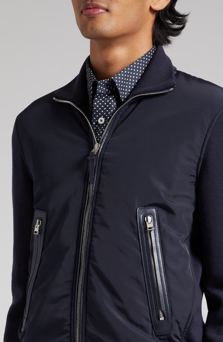 TOM FORD Mixed Media Funnel Neck Zip Sweater, Alternate, color, Blue