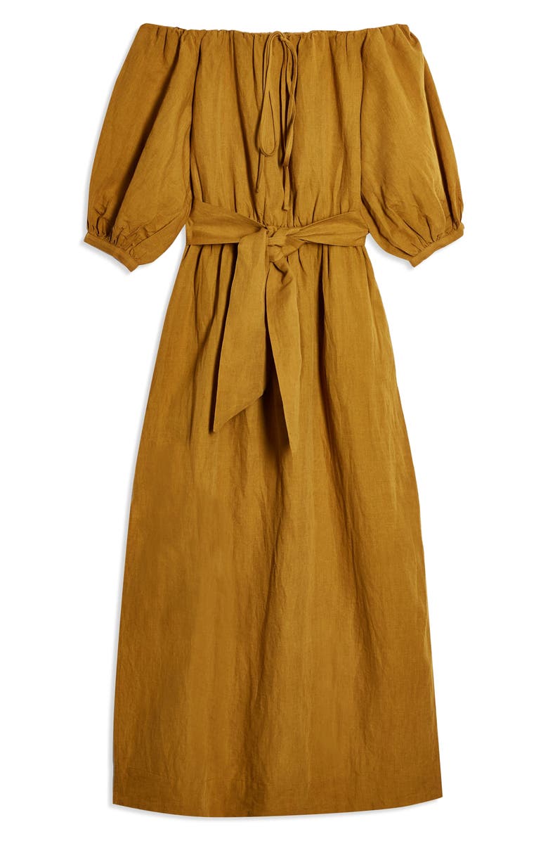 Topshop Off the Shoulder Linen Blend Midi Dress, Alternate, color,