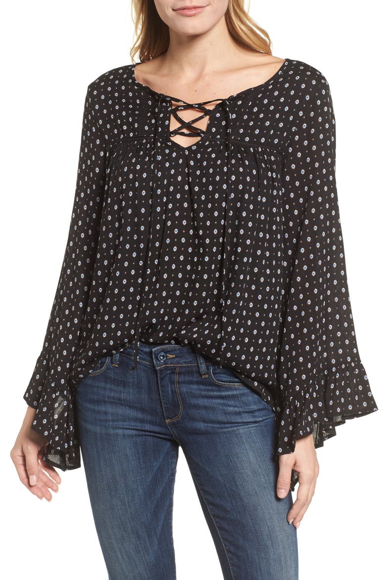 Floral Print High/Low Peasant Blouse, Main, color, BLACK COMBO