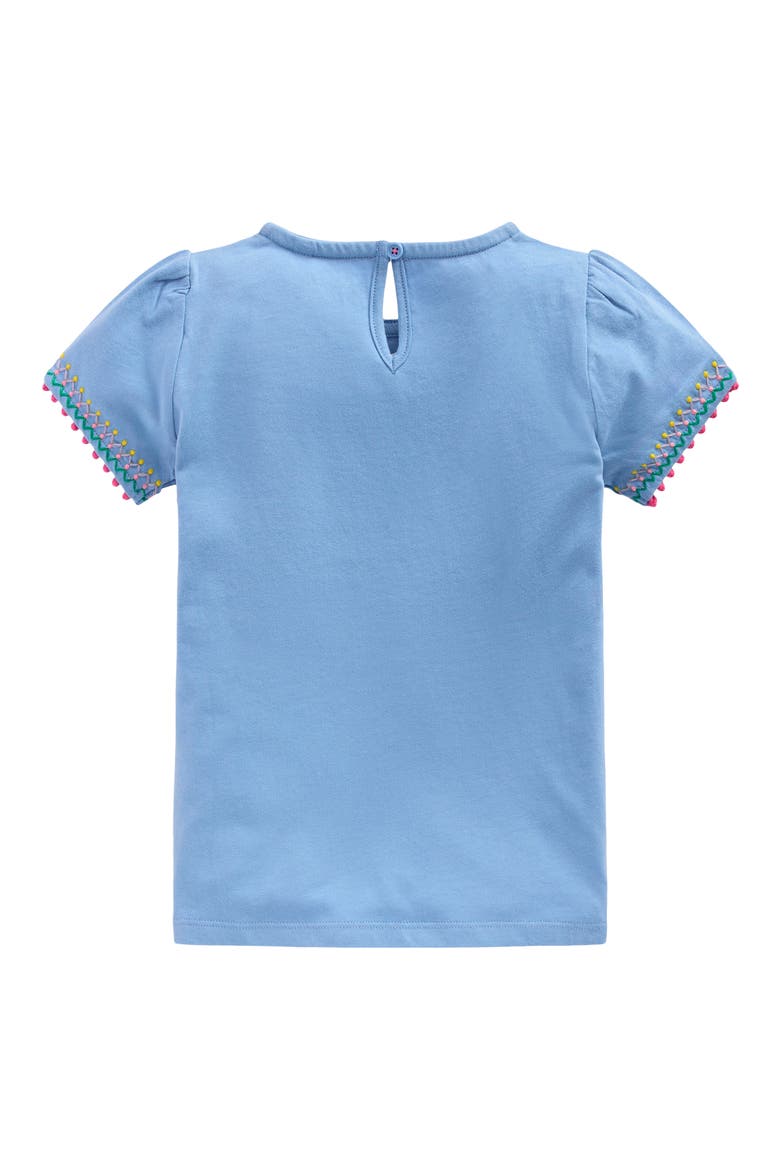 Kids' Embroidered Pom Trim Puff Sleeve Cotton T-Shirt, Alternate, color, FORGET ME NOT BLUE