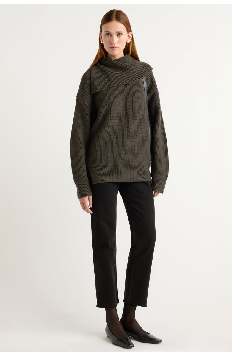 Modern Citizen Ezra Organic Cotton-Wool Foldover-Collar Sweater, Alternate, color, Green Umber