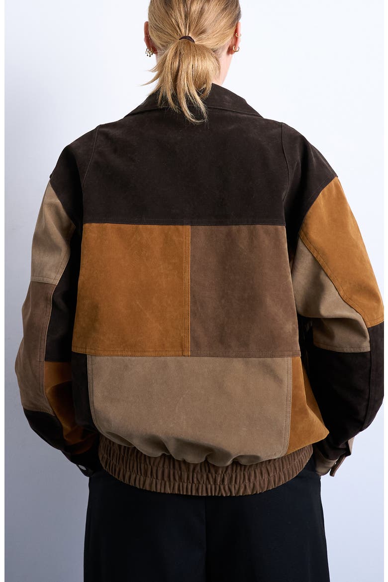 Patchwork Faux Suede Bomber Jacket, Alternate, color, BROWN MULTI