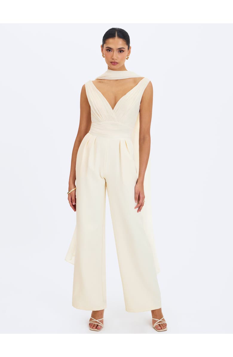 Miss Circle Harper Ruched V-Neck Jumpsuit with Scarf, Alternate, color, Ivory