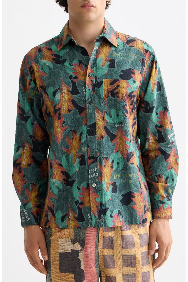 Leaf Print Cotton Seersucker Button-Up Shirt, Main, color, CAMO LEAF