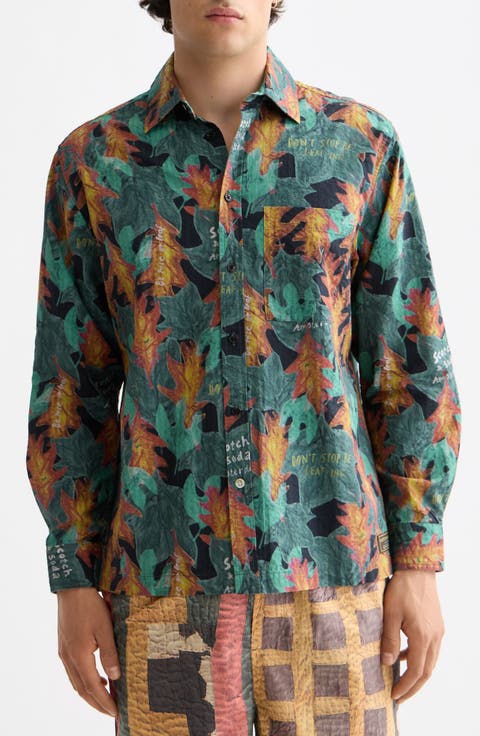 Leaf Print Cotton Seersucker Button-Up Shirt