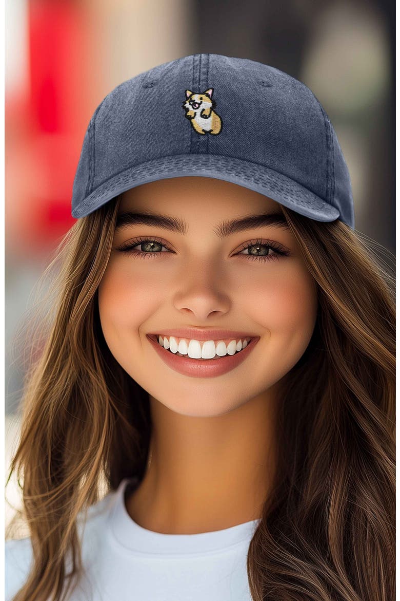 Leaping Corgi Embroidered Cap, Alternate, color, Washed Navy Blue